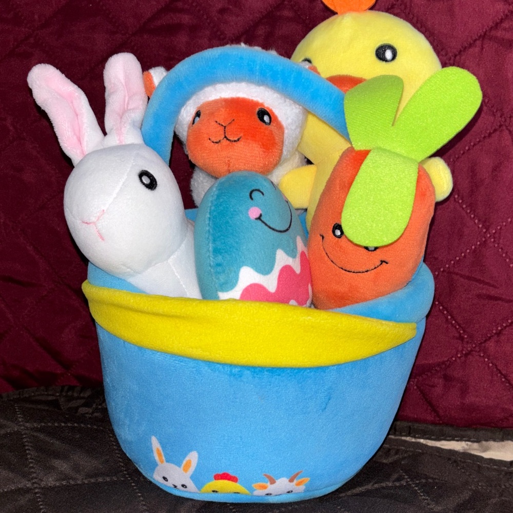 Baby Easter Basket Soft stuffed animal set, rattles squeaks, baby soft safe - Picture 2 of 11